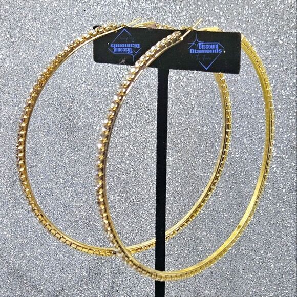 White Baguette Diamond 14K Gold Hoop Earrings 925 Silver - Picture 4 of 14